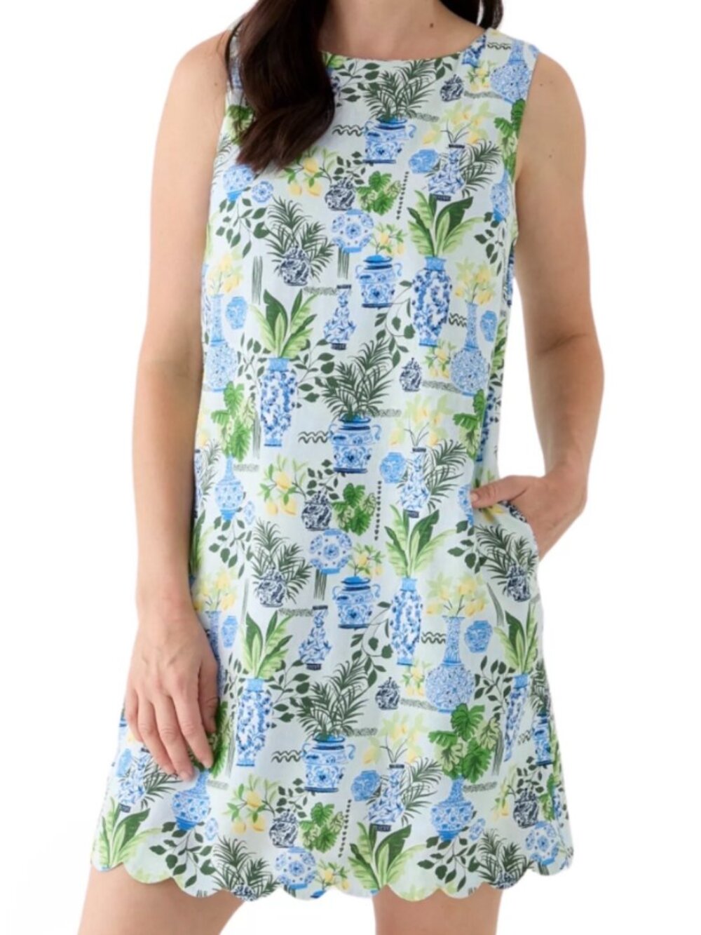 Crown & Ivy Linen Chinoiserie Ginger Jar Lemons Scalloped Shift Dress size 14